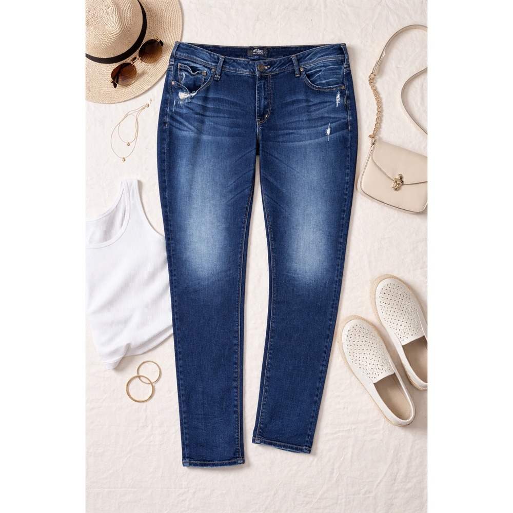 Silver Jeans Co Sam Mid Rise Slim‎ Leg Dark Wash Distressed Jeans Womens 22 L29
